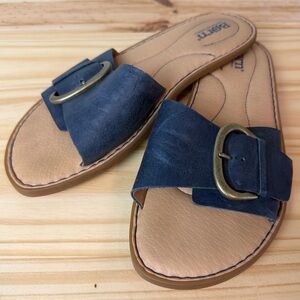 Born Miarra Navy Leather Slide Sandals with Antique Brass Buckle size 8 Coastal